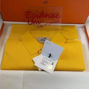 🆕 Hermes H Embroidered Buttoned Polo Shirt Large color Jaune Vif 100% Cotton